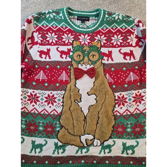 Blizzard Bay Fair Isle Cat Christmas Ugly Sweater All Over Print Whimsical Sz L - Picture 2 of 11